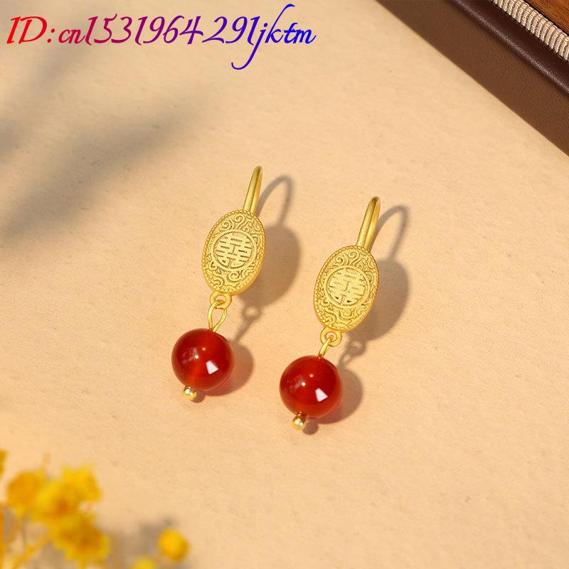 Natural Red Jade Bead Earrings - Gold Plated Jewelry ulasan dan harga