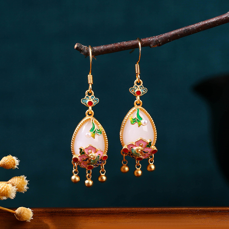 Natural Jade Flower Earrings C - Gold Plated Jewelry ulasan dan harga