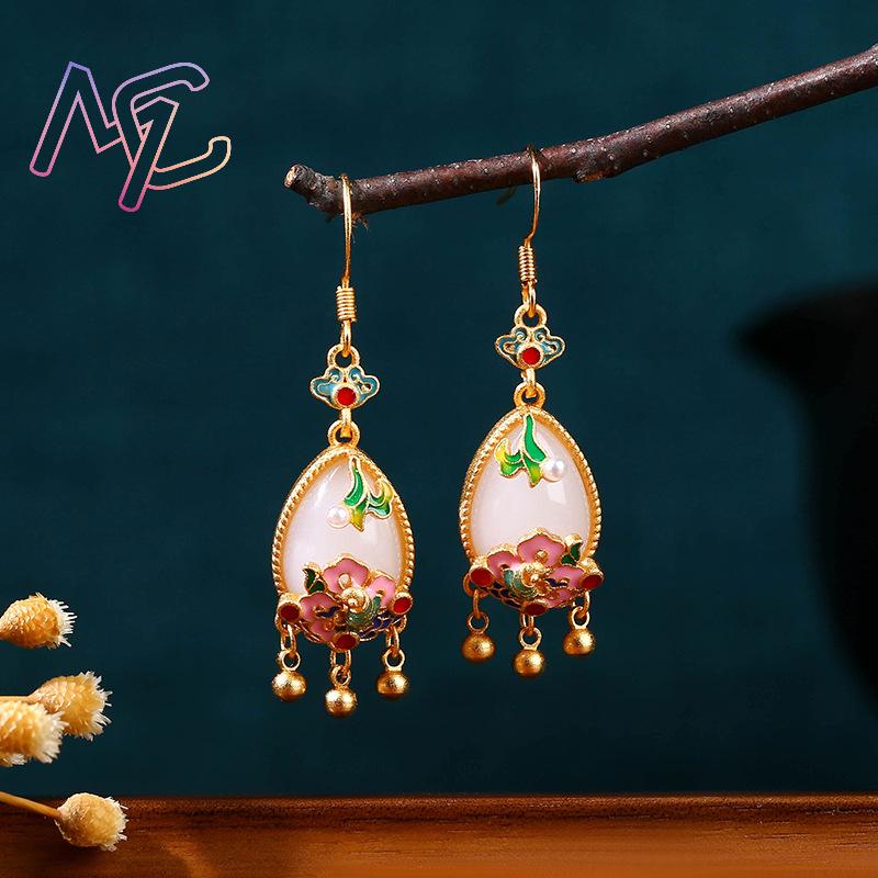 Natural Jade Flower Earrings C - Gold Plated Jewelry ulasan dan harga