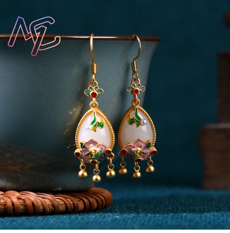 Natural Jade Flower Earrings C - Gold Plated Jewelry ulasan dan harga