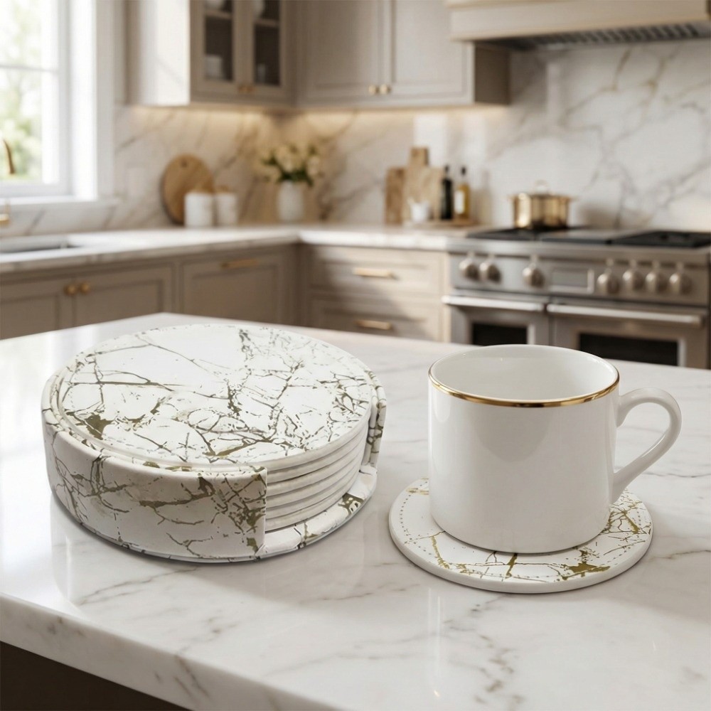7Pcs Coaster Set PU Leather Co - Marble Coaster Set ulasan dan harga